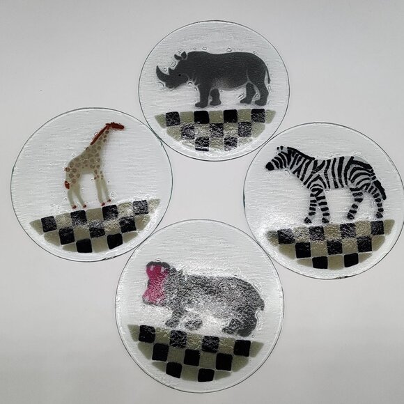 Peggy Karr Fused Glass Animal Plates African Animals Giraffe Zebra Rhino Hippo - Picture 7 of 9